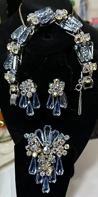 D&E Juliana Light Blue & AB Fancy Coffin Shape Glass Demi Parure Vintage • $875.72