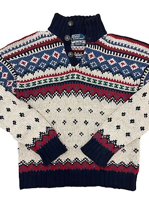 Vintage Polo Ralph Lauren Fair Isle Mock Silk Linen Wool Nordic Sweater Large • $87.47
