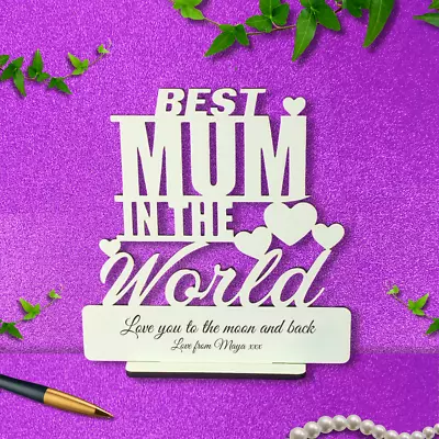 Personalised Gift Best Mum Plaque Wooden Engraved Mothers Day Freestanding Sign • £4.99