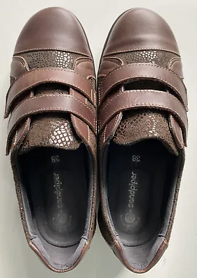 SANDPIPER Genuine Brown Leather Ladies Comfort Wedged Shoes Touch Closure Size 5 • £6.50