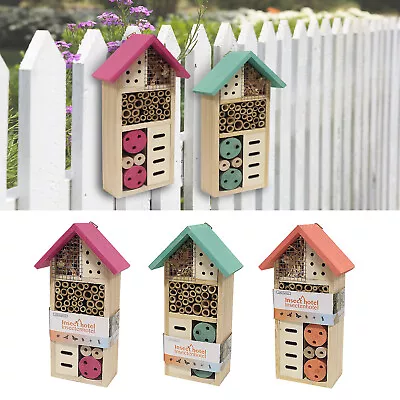 Hanging Wooden Insect Bug Bee Hotel House Natural Wood Shelter Box Roof Coloured • £8.99