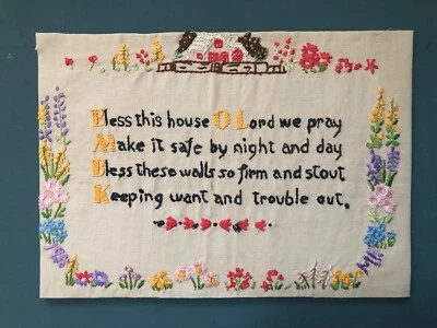 Antique Finished  Bless This House  Floral & Worded Embroidery Panel. • £9.99