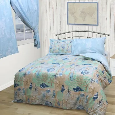 £22.99 • Buy Double Bed Duvet Cover Set Coastal Seaside Reversible Blue Star Fish Sea Horse