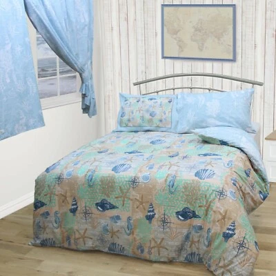 Double Bed Duvet Cover Set Coastal Seaside Reversible Blue Star Fish Sea Horse • £22.99