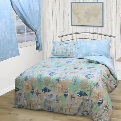 Single Bed Duvet Cover Set Coastal Seaside Reversible Blue Star Fish Sea Horse • £16.99