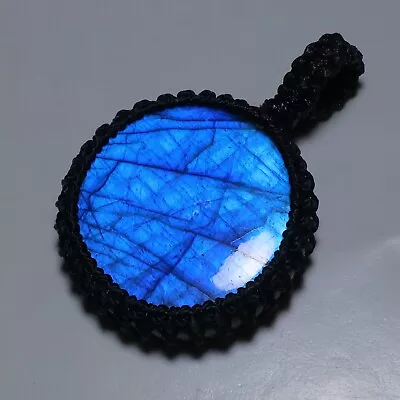 58 Ct Macrame Round Pendant 100% Natural Multi Fire Labradorite Gemstone Aa-204 • $6.99