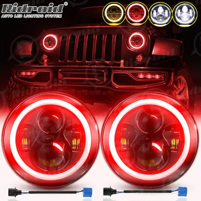 $49.99 • Buy Pair 7  Inch Round LED Headlight Red Halo DRL Beam For Jeep Wrangler JK LJ TJ CJ