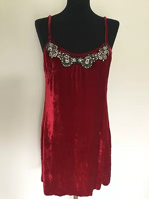 Graham & Spencer Deep Red Velvet Beaded Embroidered Strappy Mini Dress L (14) • £14.99