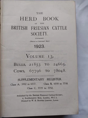 £16 • Buy The Herd Book Of The British Friesian Cattle Society C1923 Volume 13