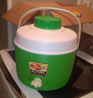Vintage Poloron 2 Gallon Alpine Hot Cold Jug Vacucel Insulated Green BOX Cooler • $64.82