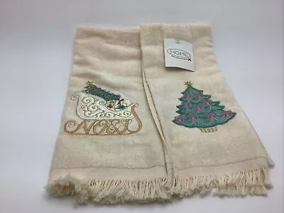 Vintage Christmas Towel Set 2 Pieces Ivory Appliqués Santa Sled & Christmas Tree • $12.95