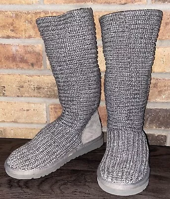 Ugg Kids Girls Boots Classic Cardy Grey Knit/ Leather Sz 3  Foldable 5649 Guc • $35