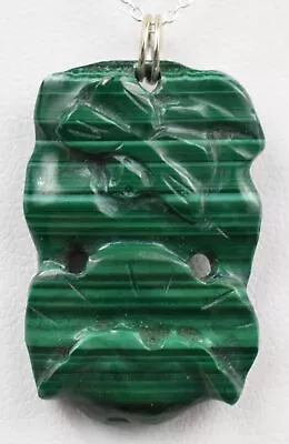 Vintage Double-Sided Carved Malachite Pendant With New 18  Sterling Silver Chain • $44