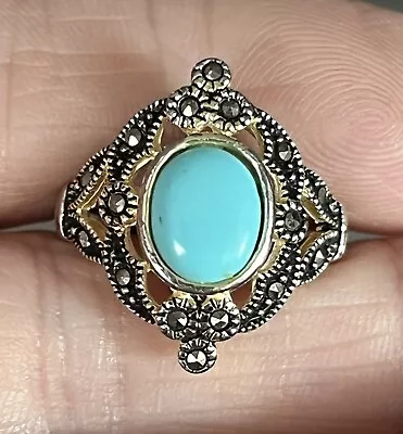 Turquoise & Marcasite 925 STERLING SILVER RING SIZE 6 1/2 Blue Stone • $15.99