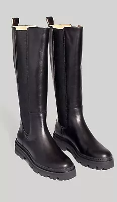Madewell The Poppy Tall Lugsole Boots 8 Womens Black Pull On Leather Chunky Heel • $150