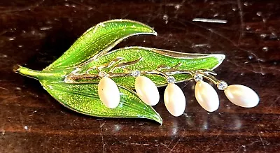 Vintage Monet Gold Tone Lily Of The Valley Faux Pearl Green Enamel Pin Brooch • $25