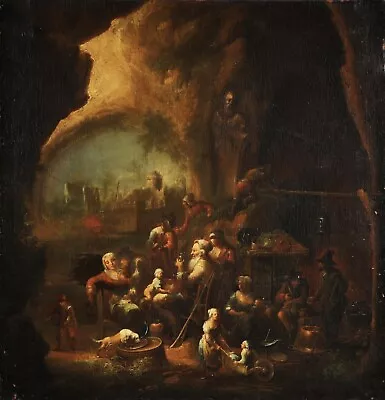 17th CENTURY LARGE DUTCH OLD MASTER OIL ON CANVAS - FIGURES FEASTING IN CAVE • £0.99