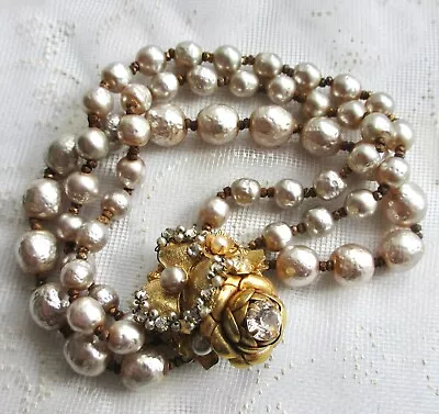 MIRIAM HASKELL Vintage 3Strand Faux Baroque Pearls Beaded Flower Clasp BRACELET • $60