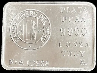 Vintage Peru Banco Minero Del Peru 1 Troy Onza Plata Pura .999 Ingot Bar • $72.50