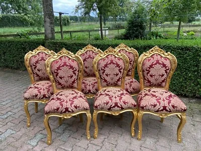 Regal Elegance: Set Of 6 French Louis XVI Dining Chairs In Red Damask And Gold • $2700