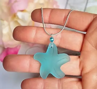 Sea Glass Starfish Pendant Silver Snake Chain Necklace 18 Inch Blue • $8.99
