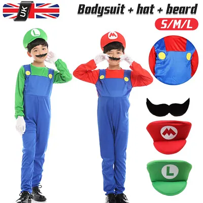 UK Kids Boys Super Mario And Luigi Fancy Dress Plumber Bros Costume Complete Set • £10.82