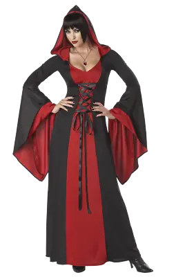 Womens Red Witch Gothic Vampire Costume Hooded Robe Halloween Fancy Dress • £36.99