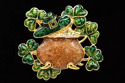 Vintage Shamrock Pin Brooch Green Pot Of Gold Enamel St. Patty's NOS 80s BinA4 • $11.16