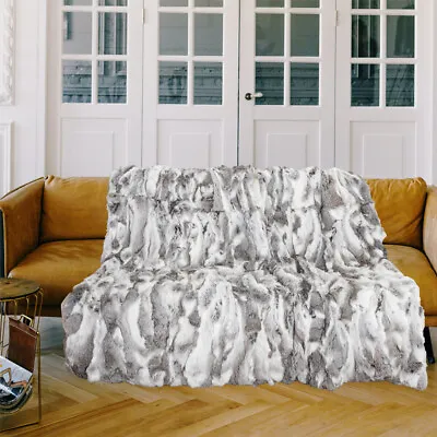 Genuine Rabbit Fur Throw Luxury Warm Blanket Sofa Bedspread Gray White 55inx63in • $132.99