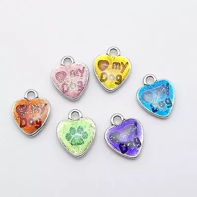 6 I Love My Dog Acrylic Heart Charms Paw Print Acrylic Heart Jewellery Making • £2.99