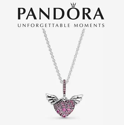 ALE S925 Genuine Pandora Silver Pink Pavé Heart & Angel Wings Necklace Gift Bag • £30.99