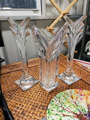 3 Pc Mikasa Lead Crystal Candlesticks And Vase Set Flawless Art Deco Used • $50