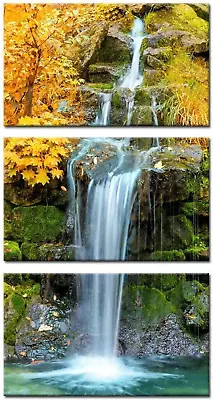 Kreative Arts 3 Pieces Canvas Wall Art Waterfall In Yellow Autumn Landscape Vert • $110.91