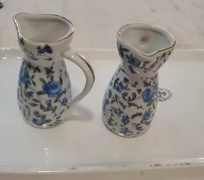 Vintage Miniature Pitcher Blue Floral Roses Window Sill Decor Trinket Lot • $14.99