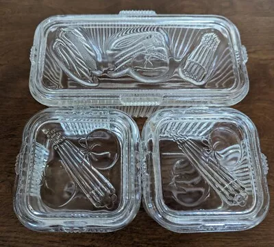 Vintage FEDERAL GLASS RIBBED Refrigerator Dishes EMBOSSED VEGETABLES • $19.99