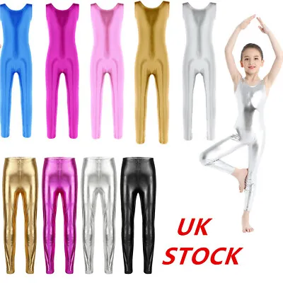UK Kids Girls Shiny Ballet Leotard Gymnastics Catsuit Jumpsuit Costume Dancewear • £8.99