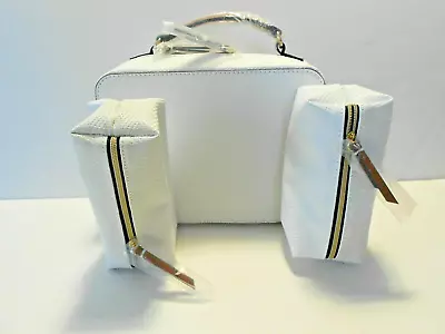 3 Pc Estee Lauder White Faux Leather Train Case Cosmetic Bag - READ! SEE PICS!!! • $24.95