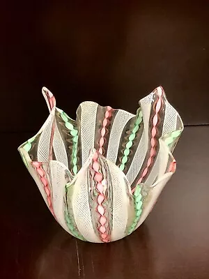 Murano Zanfirico Latticino Ribbon Art Glass Handkerchief Vase MCM 5  X 5 1/2  • $70