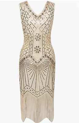 Women Dress Size XXL Beige  V Neck Beaded Fringed 1920 Great Gatsby Party NWT • $14.99