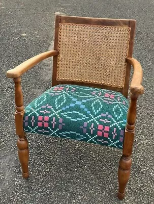 Vintage Cane Weave Back Accent Armchair With Welsh Wool Upholstery • £250