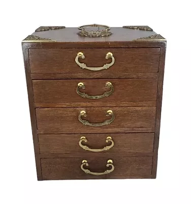 Antique Wooden Jewelry Chest Box Asian Red Lined Velvet Drawers Brass Findings • $124