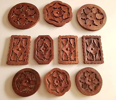 Wood Vintage Hand Carved Trivets W/Leaves India No Footing 5 -7  Lot 10  • $38