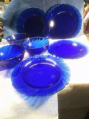  Set Of 4  7 1/2  Vereco Duralex Cobalt Blue Salad Plates& 3-4.5  Dessert Bowls • $34.95