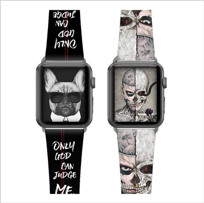 $15.19 • Buy Hip Hop Skull Cool Graffiti Genuine Leather Band Strap For Apple Watch 7/SE/6/5