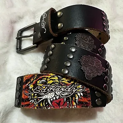 Vintage Auth Ed Hardy 2000S Y2K Black Leather Handmade Belt Studded Patches • $79.99