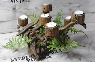 Candelabra Table Centrepiece Woodland Driftwood Fern Moss Plants OOAK Candle • £39.99