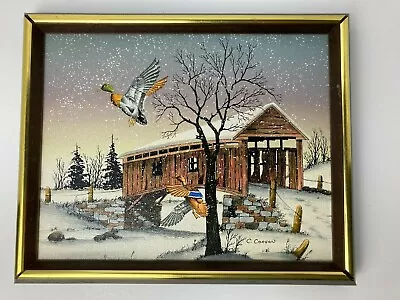 C. Carson Canvas Painting - Ducks In Winter Falling Snow Covered Bridge 11  X 9  • $38