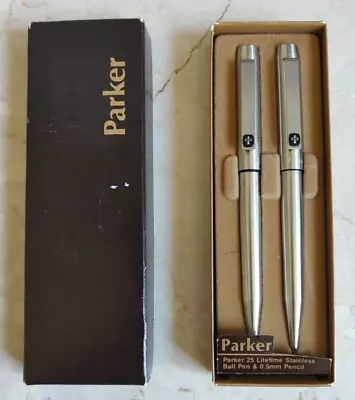 Vintage Parker 25  Pen Pencil Set Stainless Steel And Box  Open Box EOC • $60