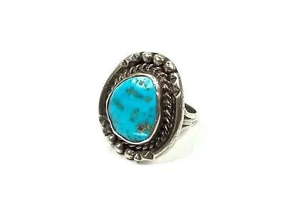 Thompson Platero Navajo Signed 925 Sterling Ring W/Bezel Set Blue Turquoise US 7 • $95