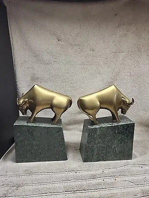 VTG Wall Street Stock Exchange Brass Bull Figures Marble Bookends • $68